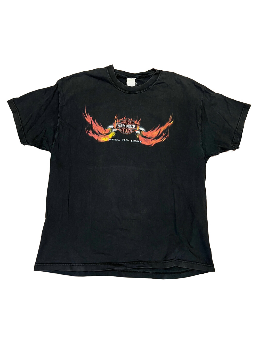 Vintage Harley Davidson Feel The Heat Flame T-Shirt Sz XL Israel Faded Black